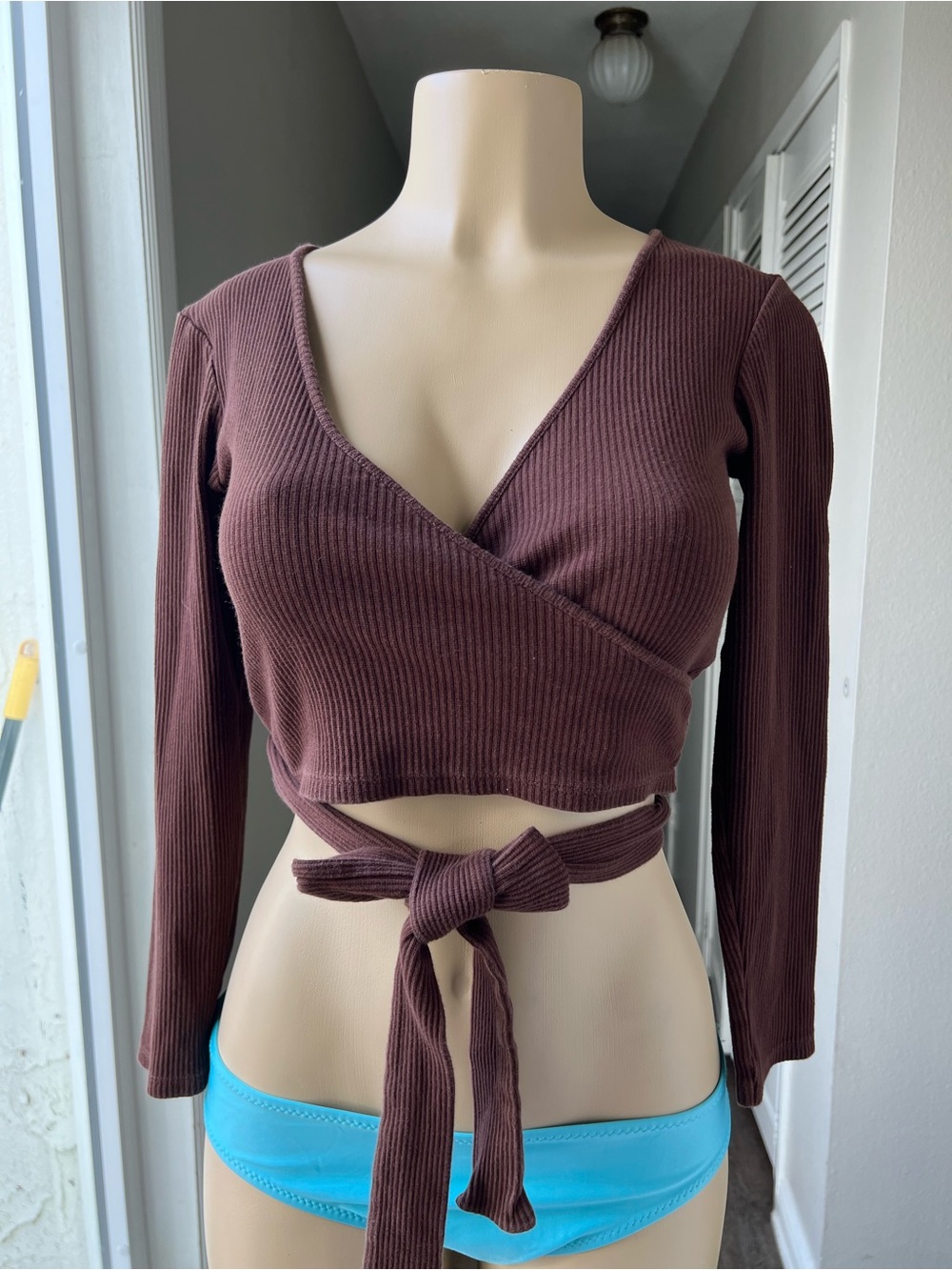 Zara Chocolate Brown Ribbed Wrap Crop Top